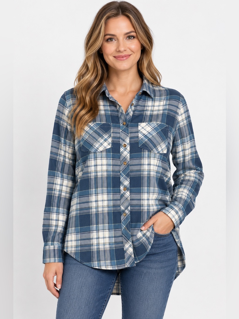 Eden & Olivia Women’s Large Blue Plaid Button Down Tunic Shirt High Low Hem